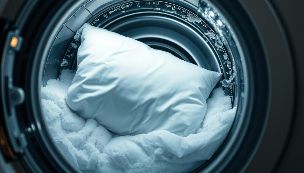 A modern washing machine agitating a white pillow, water and suds swirling around it. The machine's glass door offers a window into the gentle tumbling motion, with bright LED indicators glowing softly. The scene is bathed in cool, even lighting, as if captured by a professional product photographer using a DSLR camera with a macro lens. The overall mood is clean, efficient, and reassuring - conveying the safe, reliable nature of machine-washing a dirty pillow.