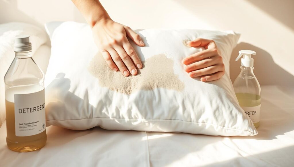 A pristine white pillow rests on a clean, well-lit surface, the soft fabric illuminated by warm, natural lighting. A bottle of liquid detergent stands nearby, its label clearly visible. Steady hands gently rub the pillow with the detergent, creating a soothing, rhythmic motion as the fabric gradually transforms from a dull, grey hue to a brilliant, pristine white. The composition is balanced, with attention to detail and a focus on capturing the transformative process of reviving a tired, stained pillow through the effective use of a simple, household cleaning product.