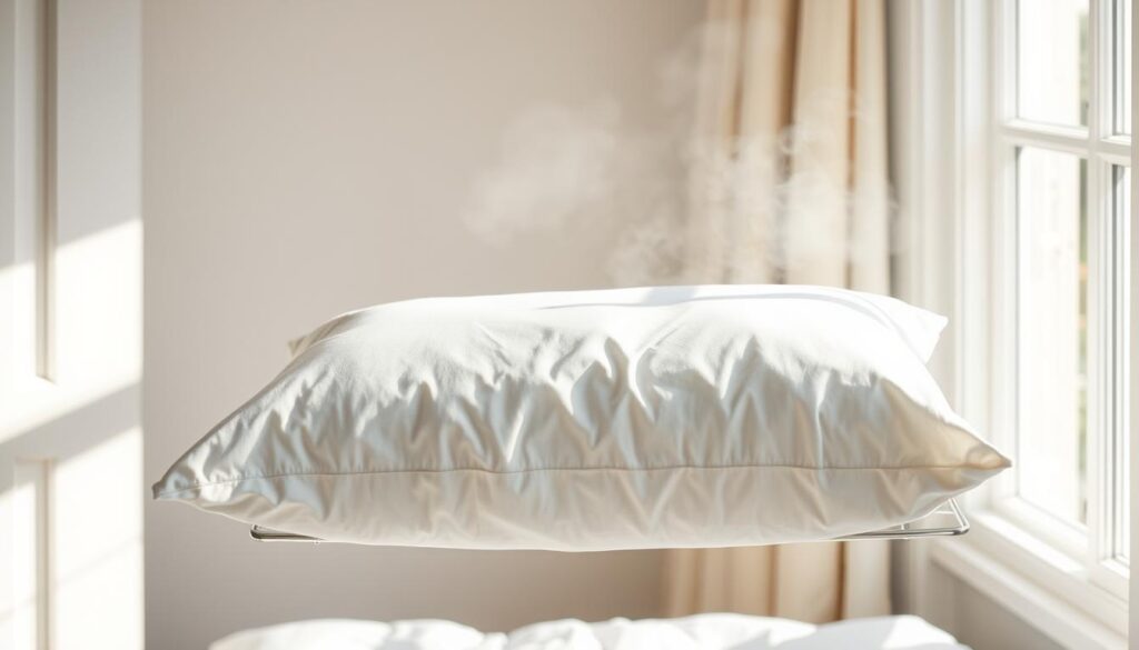 A sunlit, naturally-lit bedroom setting with a plush white pillow at the center, gently steaming as it dries on a clothing rack beside an open window. Soft, diffused natural lighting filters in, casting a warm, comforting glow. The pillow's fabric appears crisp and freshly-laundered, inviting the viewer to experience the satisfying sensation of a clean, well-cared-for sleeping surface. The composition emphasizes the simplicity and effectiveness of the air-drying process, conveying a sense of domestic tranquility and attention to household chores done right.
