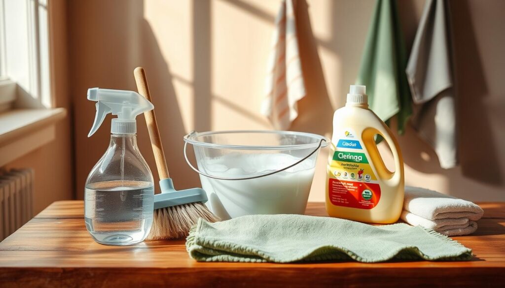 A tidy collection of cleaning supplies arranged on a wooden table, bathed in warm, natural lighting. In the foreground, a spray bottle, scrub brush, and microfiber cloth stand ready for action. The middle ground features a bucket filled with soapy water, alongside a container of eco-friendly detergent. In the background, a few hanging cleaning rags cast subtle shadows, conveying a sense of order and preparedness. The overall scene exudes a clean, inviting atmosphere, perfectly suited to illustrate the "Materiais necessários para a limpeza" section of the article.