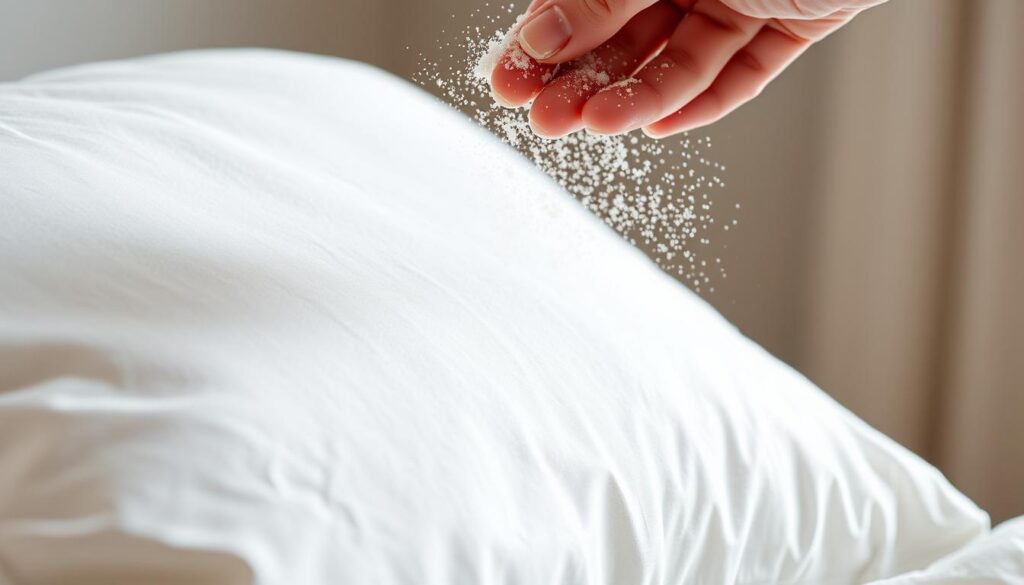 Detailed close-up photograph of a fluffy white pillow being gently sprinkled with a fine layer of baking soda, creating a light dusting over the fabric. Soft, even lighting from the side illuminates the subtle texture of the fabric, highlighting the pristine, clean appearance of the pillow. The background is blurred, drawing the viewer's attention to the pillow itself and the simple, effective cleaning process. The overall mood is calm, serene, and focused on the task at hand, reflecting the simplicity and effectiveness of using baking soda to refresh a tired, discolored pillow.